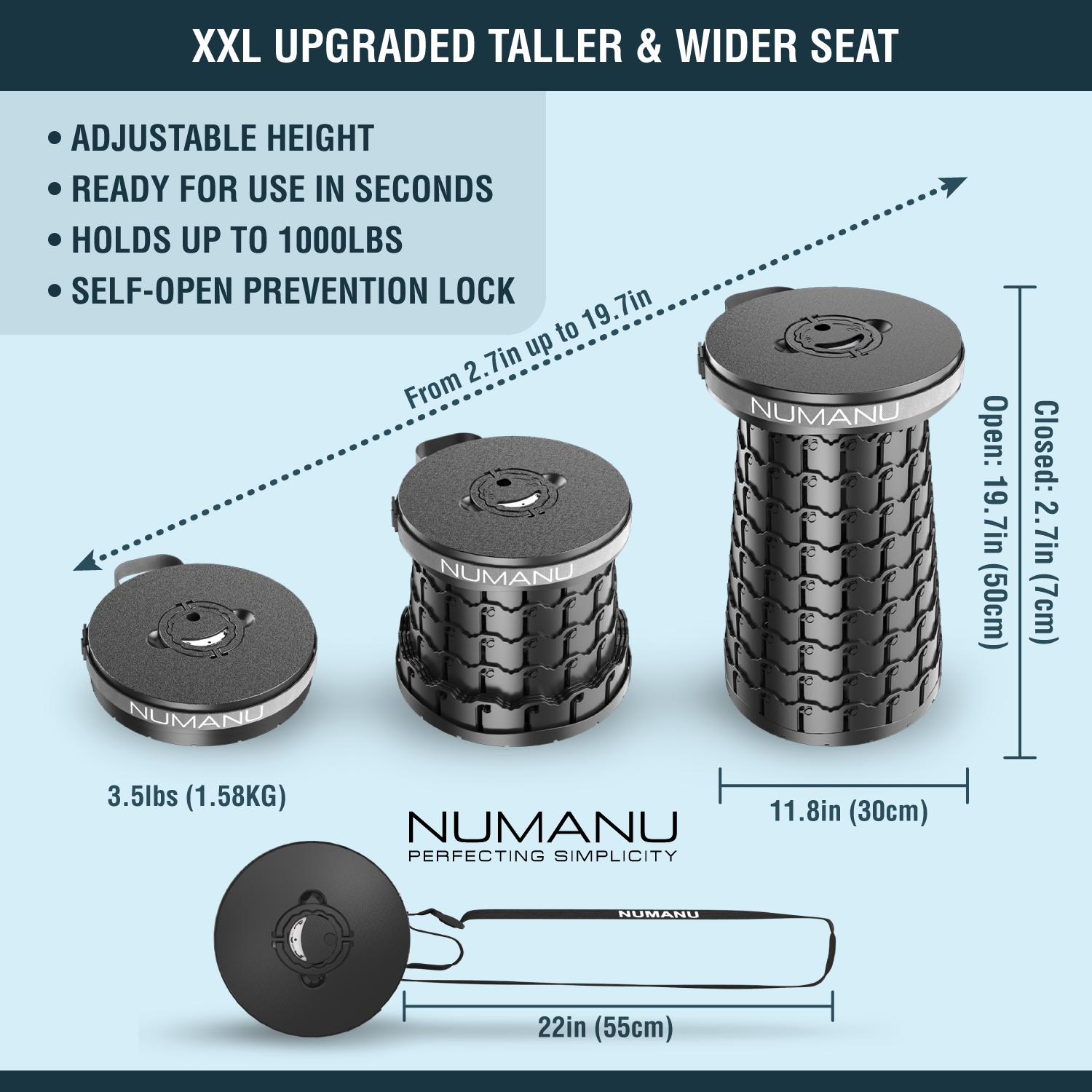 XXL Upgraded collapsible stool is 11.8 inch diameter wide, and can be extended from 2.7 to 19.7 inches and set to multiple heights thanks to the adjustable height feature due to multiple levels it can lock on. The stool can hold 1,000lbs. 