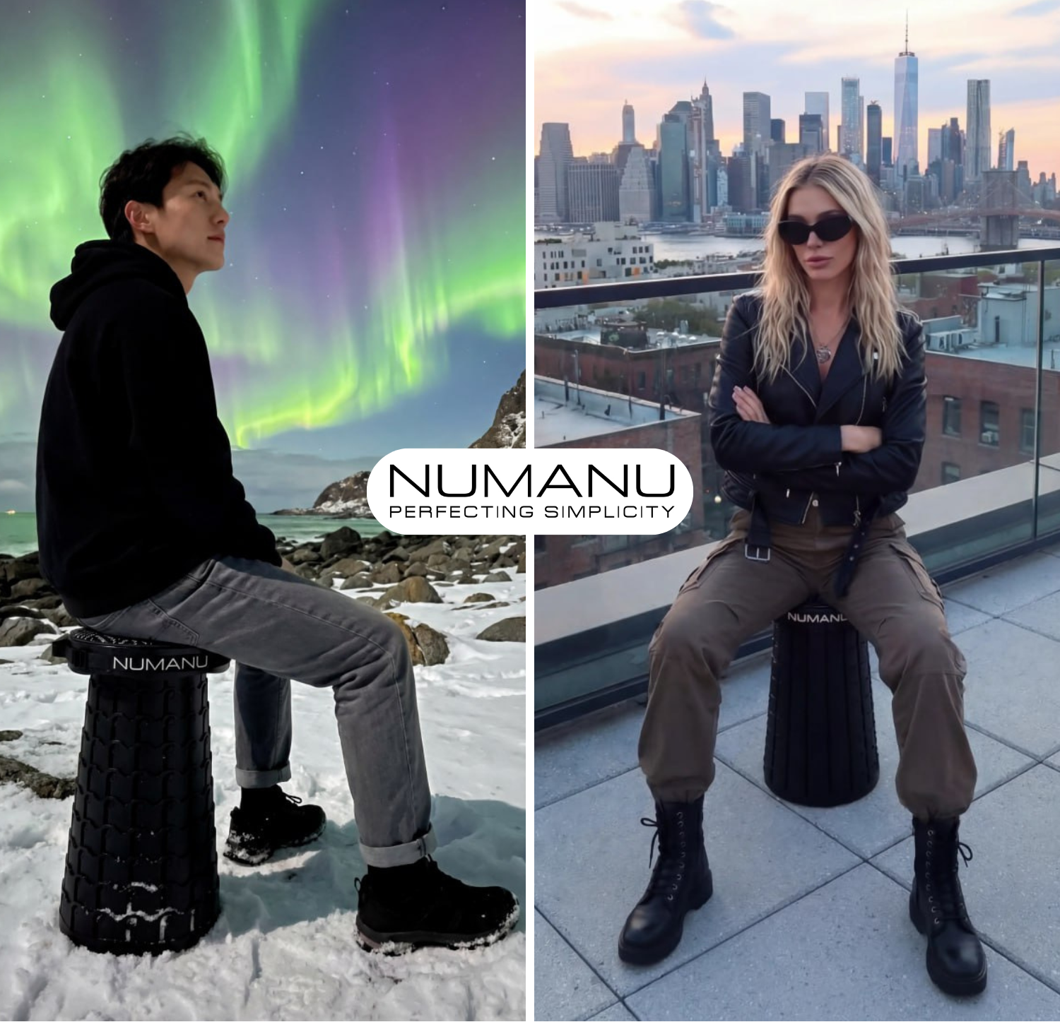 Two people sitting on stools with 'NUMANU' branding, one under the Northern Lights, the other in an urban setting.