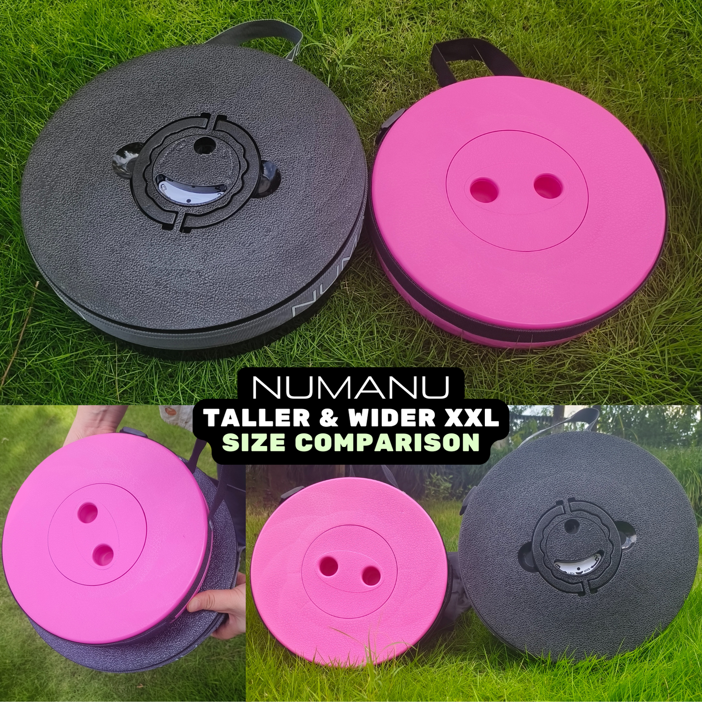 NUMANU 19.7" tall xxl collapsible stool shown in comparison to a standard sized competitor stool for size reference. 