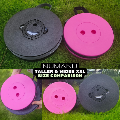 NUMANU 19.7" tall xxl collapsible stool shown in comparison to a standard sized competitor stool for size reference. 